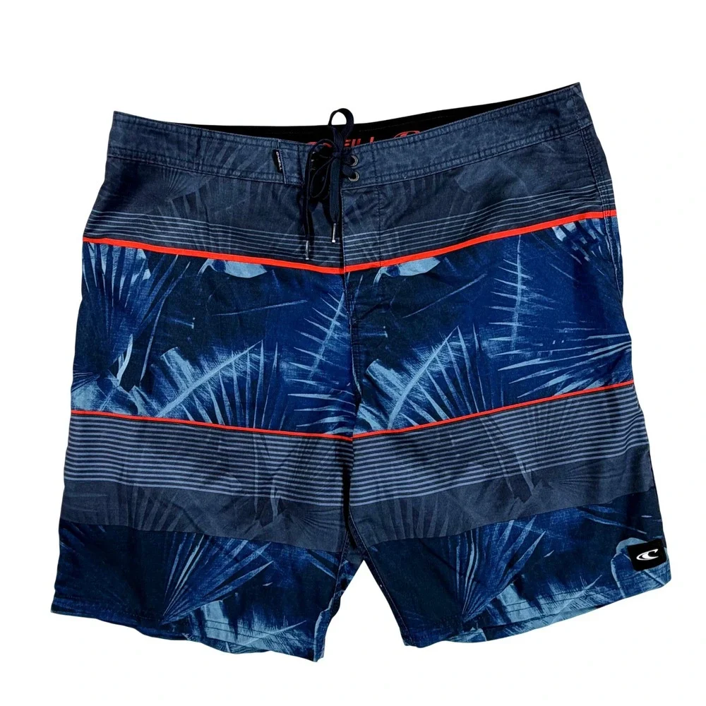 O'Neill Board Shorts Mens 38 Blue Tropical Palm Leaf Striped Swim Trunks